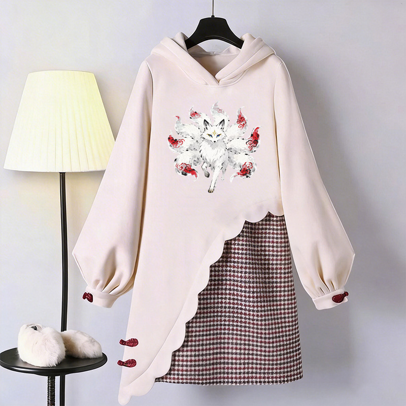 Nine Tailed Fox Graphic Modakawa Buckle Vintage Hooded Sweatshirt Dress - Apricot - 3XL - image 2