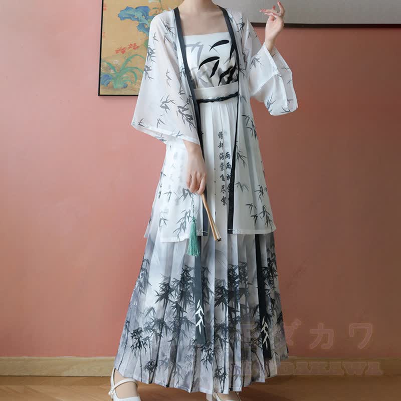 Vintage Ink Print Cami Top Sheer Robe Pleated Skirt Matching Outfit - White Set - XL - image 6