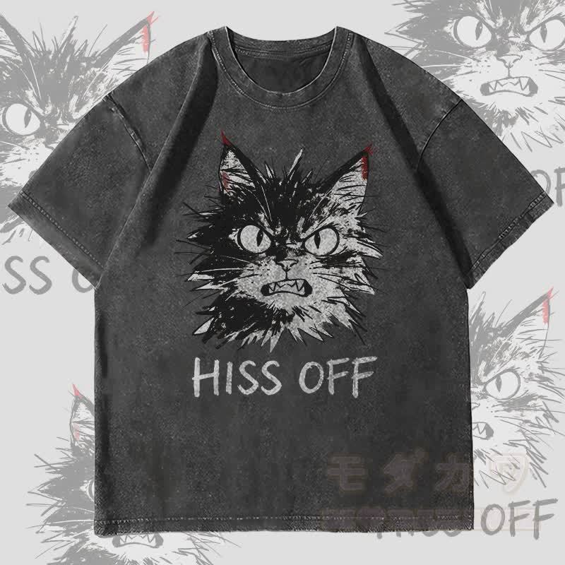 MODAKAWA HISS OFF Angry Cat Graphic Unisex Vintage Washed T-Shirt - Black - 4XL - image 3