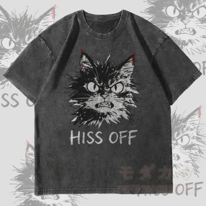 MODAKAWA HISS OFF Angry Cat Graphic Unisex Vintage Washed T-Shirt - Black - 4XL - image 3