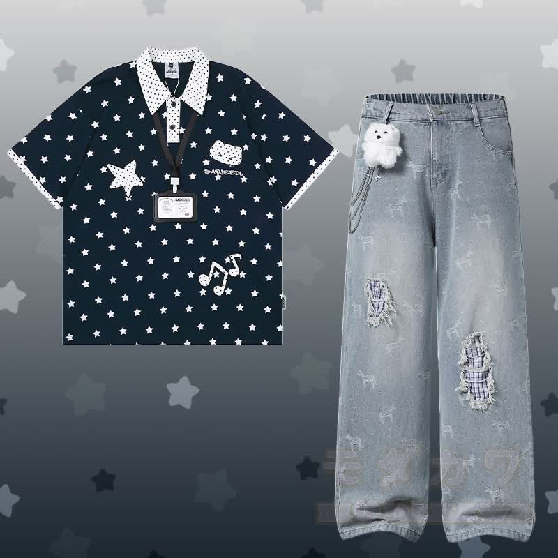 Polka Dot Star Graphic POLO T-shirt 3D Bear Chain Ripped Denim Pants Modakawa Matching Outfit - Set C - XL - image 7