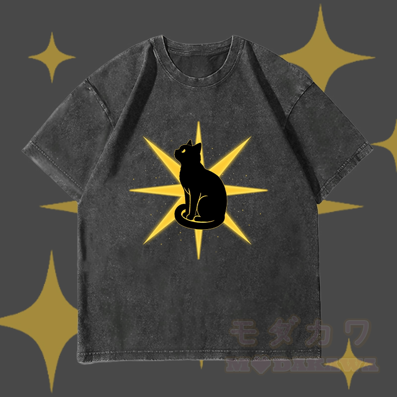 MODAKAWA Starlight Black Cat Graphic Unisex Vintage Washed T-Shirt - Black - 4XL - image 3