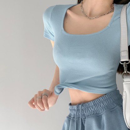 Pure Color Round Collar Crop Top T-Shirt - image 5