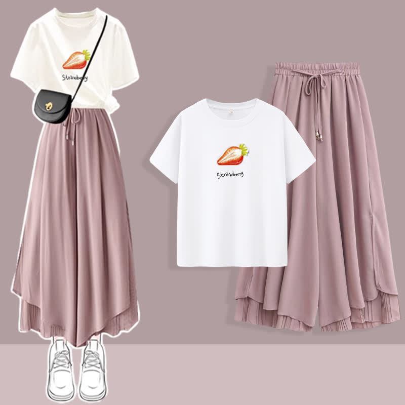 Chic Printed T-Shirt Chiffon Split Wide Leg Pants Two Pieces Set - Pink - 3XL - image 1