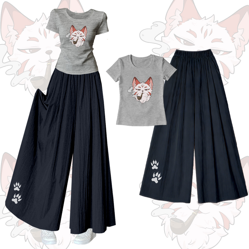 Smoking Fox Graphic U-Neck T-shirt Wide Leg Pants Modakawa Matching Outfit - Set B - XL - image 2