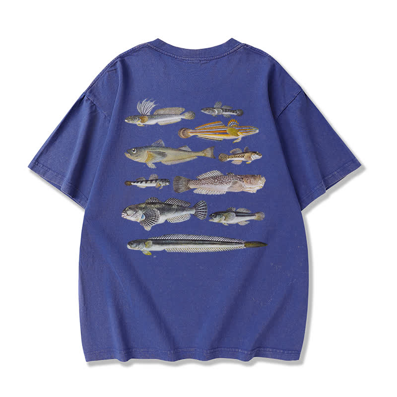 Modakawa Marine Fish Print Washed Loose Oversized Short Sleeve Tee - Blue - 3XL - image 9