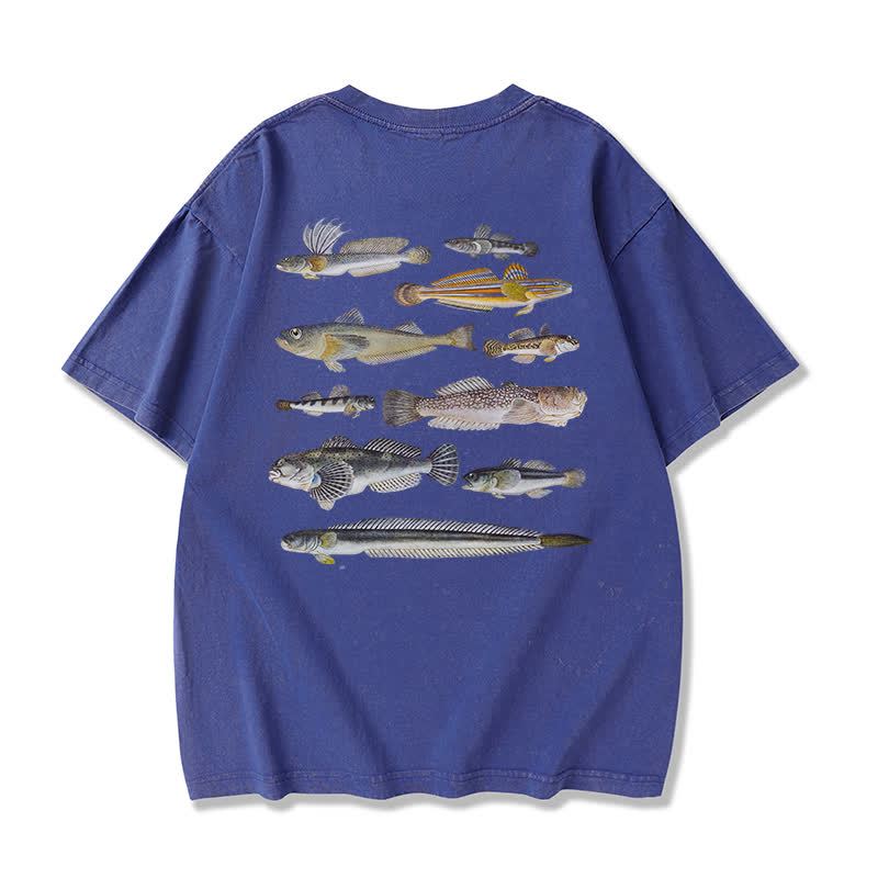 Modakawa Marine Fish Print Washed Loose Oversized Short Sleeve Tee - Blue - 3XL - image 9