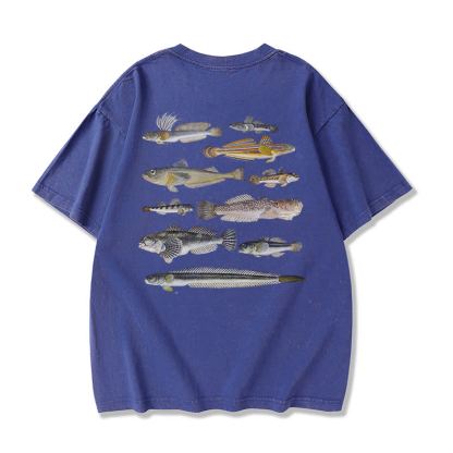 Modakawa Marine Fish Print Washed Loose Oversized Short Sleeve Tee - Blue - 3XL - image 9