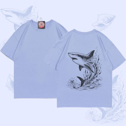 MODAKAWA Ocean Shark Graphic T-shirt - Dusty Blue - 5XL - image 2