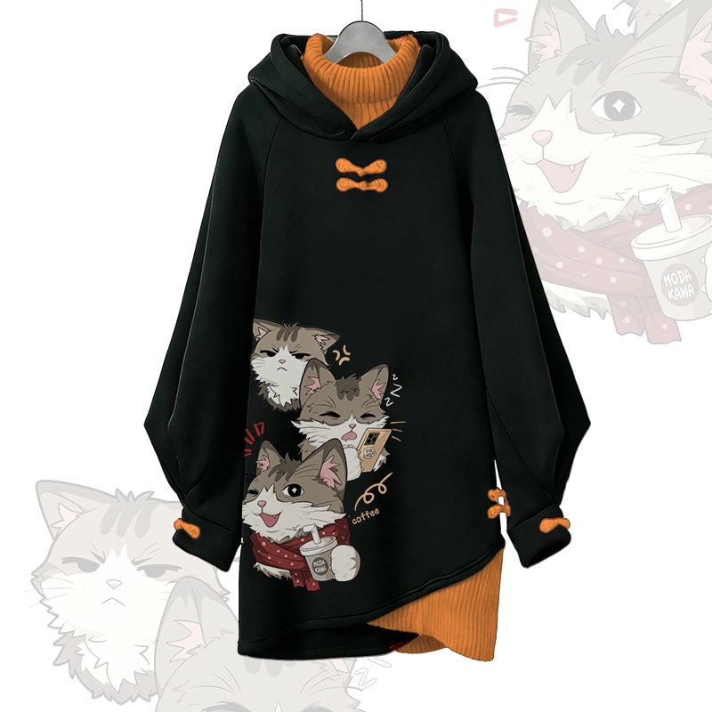 Playful Cat Graphic Modakawa Buckle Vintage Hooded Sweatshirt Dress - Orange - 3XL - image 3