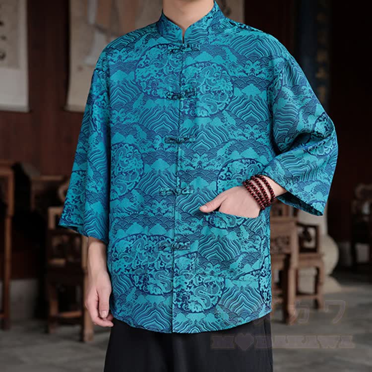 Oversized Dragon Jacquard Mandarin Collar Shirt - Peacock Blue Dragon - 5XL - image 15