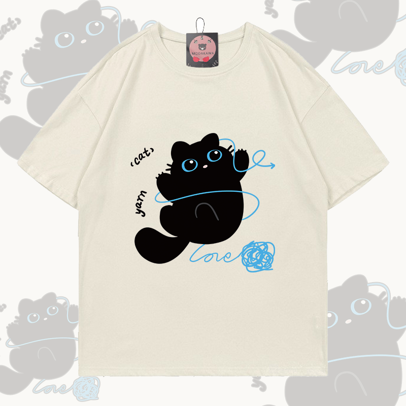 MODAKAWA Funny Black Cat Graphic Couple Top - T-shirt - Beige - 5XL - image 3
