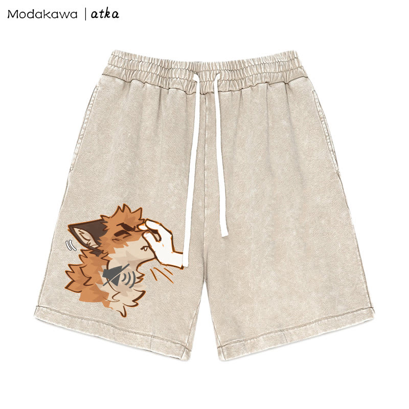MODAKAWA X atka Funny' Shhh' Fox Graphic Vintage Washed Shorts - Apricot - 3XL - image 3