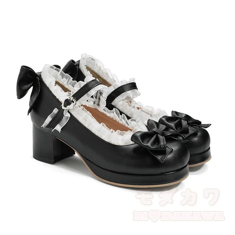kawaii Lolita Bow Mary Jane Heels - Black - 46 - image 4