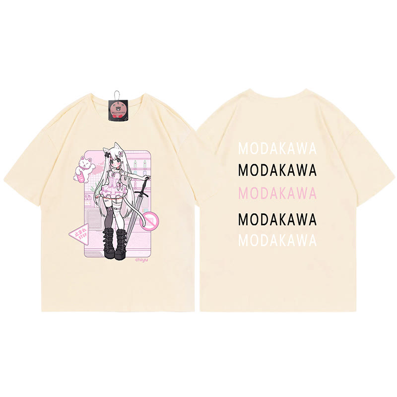 MODAKAWA X airii.exe Kitty Girl Letter Print 100% Cotton T-shirt - Apricot - 5XL - image 7