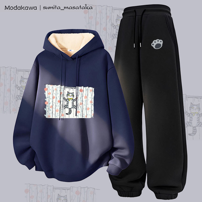 MODAKAWA X sumita_masataka Curtain Climbing Cat Graphic Thick Fleece Lined Hoodie Pants Two Pieces Set - Purplish Blue&Black - 5XL - image 2