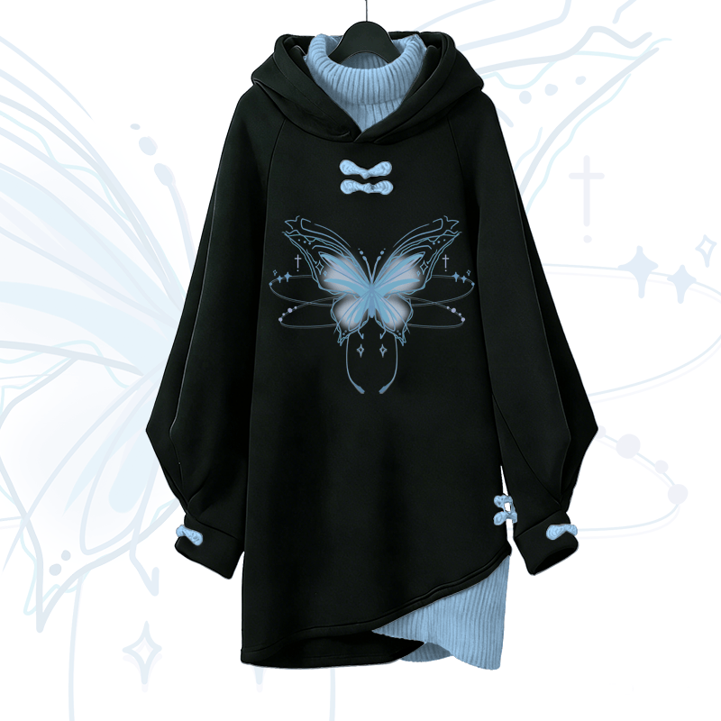 Glowing Butterfly Graphic Modakawa Buckle Vintage Hooded Sweatshirt Dress - Blue - 3XL - image 2