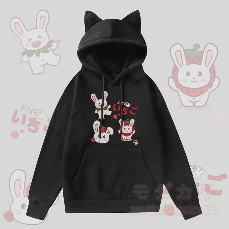 MODAKAWA Strawberry Bunny Graphic Pocket Fleece Lined Hoodie with Cat Ears  - Black - 2XL - image 3