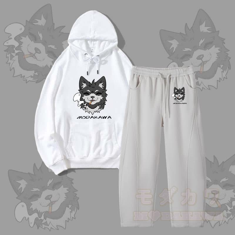 MODAKAWA Koda Smoking Puppy Graphic Hoodie Men Drawstring Pants Two Pieces Set - White&Grey - 4XL - image 5