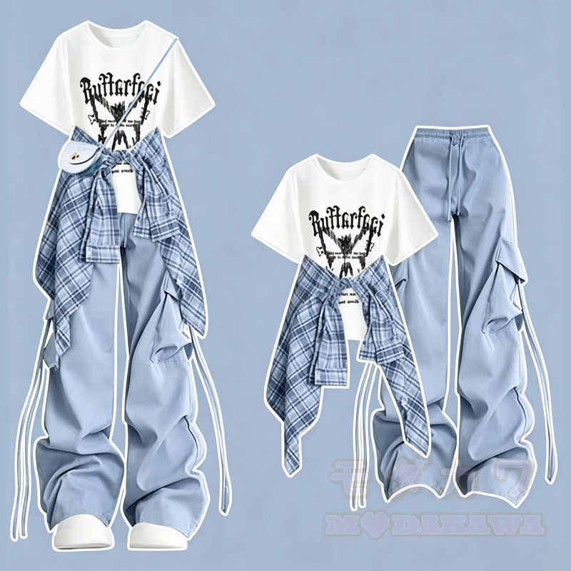  Casual Butterfly Print Tee Plaid Shirt Cargo Wide Leg Pants Three Pieces Set - White T-Shirt+Blue Pants+Blue Shirt - 3XL - image 5