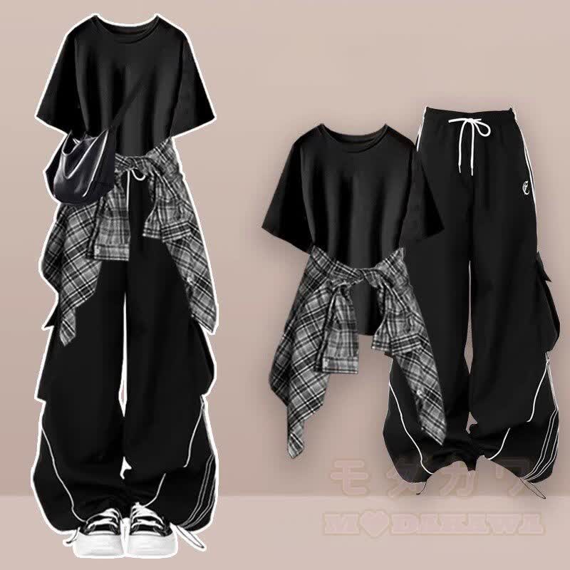 Letter Graphic T-shirt Plaid Shirt Wide Leg Pants Matching Outfit - Three Pieces Set D - XL - image 4