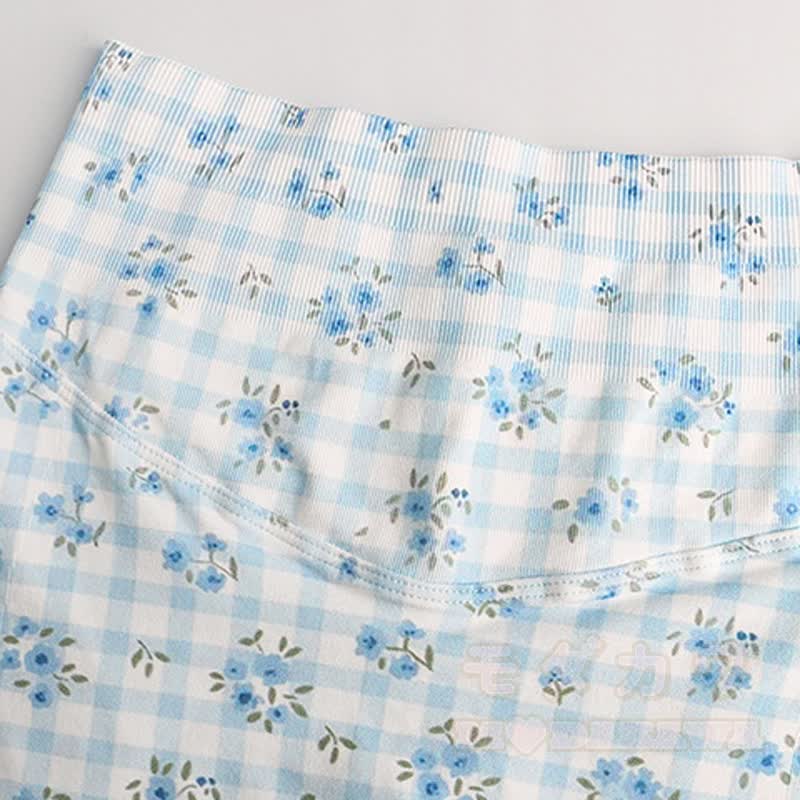 Blue Gingham Floral Crop Tank High Waist Yoga Shorts Two Pieces Set - image 9