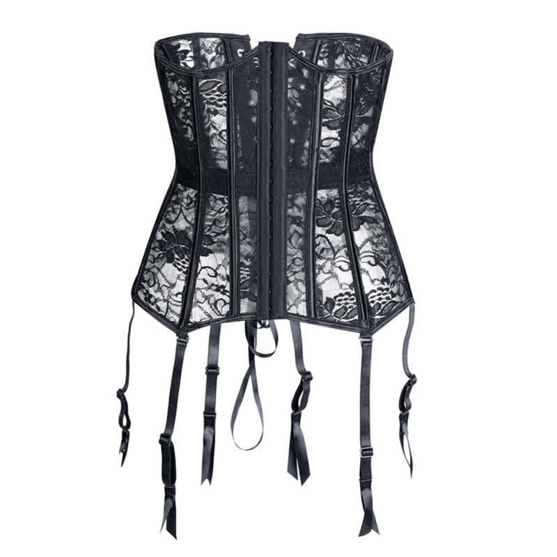 Lace See Through Corset Tops With Garter - Black - 6XL - image 4