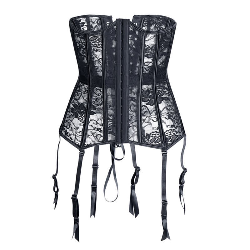 Lace See Through Corset Tops With Garter - Black - 6XL - image 4