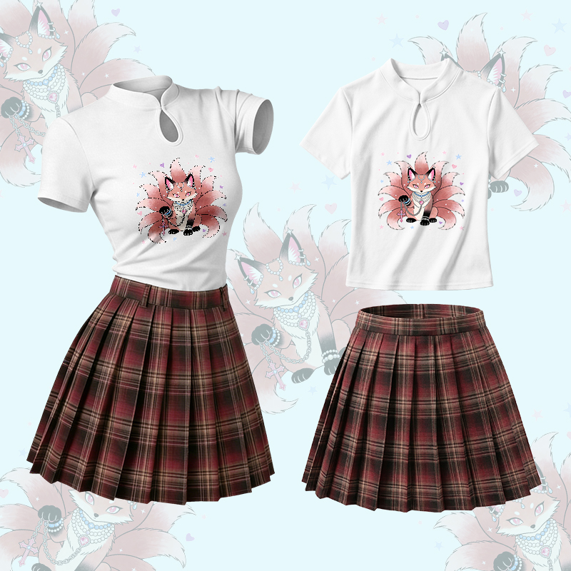 Nine Tailed Fox Graphic Vintage Buckle T-shirt Plaid Skirt Modakawa Two Pieces Set - Set B - L - image 2