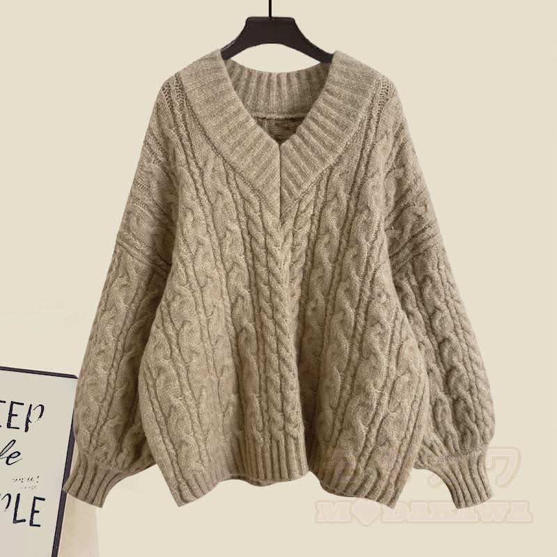 V-neck Cable Sweater Fishtail Skirt Two Pieces Set - Khaki Sweater - XL - image 8
