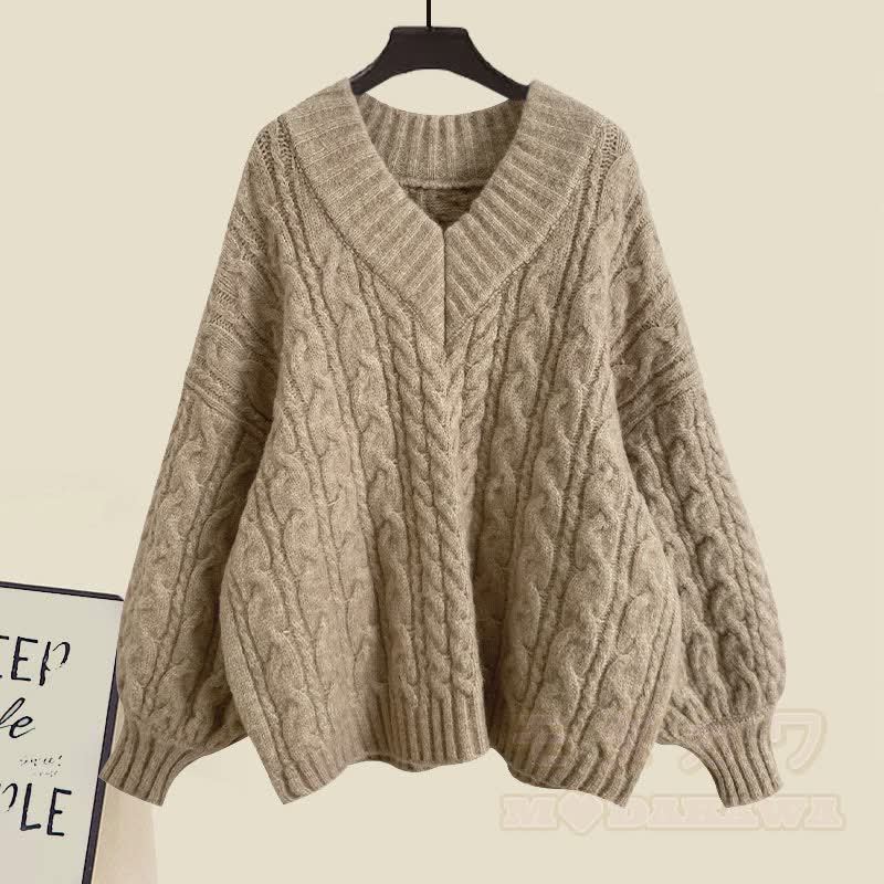 V-neck Cable Sweater Fishtail Skirt Two Pieces Set - Khaki Sweater - XL - image 8