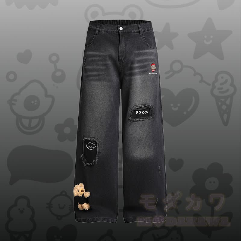 3D Bear Stripe Tie Color Block Polo T-shirt Ripped Denim Pants Modakawa Matching Outfit - Black Pants - XL - image 7