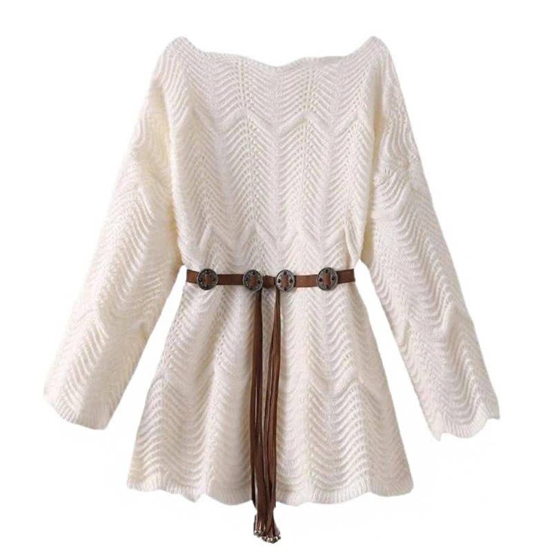  Hollow Out Long Sleeve Knit Cover Up Belted Dress Two Pieces Set - Top + Belt - 4XL - image 4