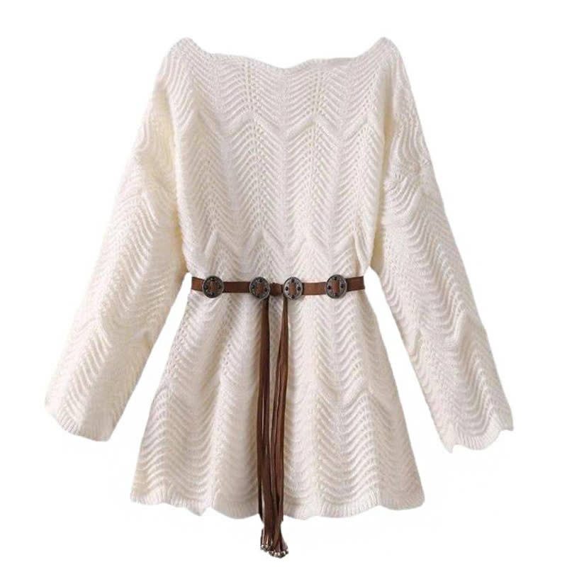  Hollow Out Long Sleeve Knit Cover Up Belted Dress Two Pieces Set - Top + Belt - 4XL - image 4