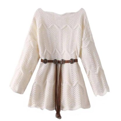  Hollow Out Long Sleeve Knit Cover Up Belted Dress Two Pieces Set - Top + Belt - 4XL - image 4