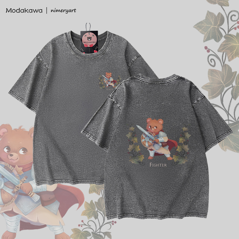 MODAKAWA X nimeryart FIGHTER Bear Graphic Unisex Vintage Washed T-shirt - Grey - 5XL - image 4