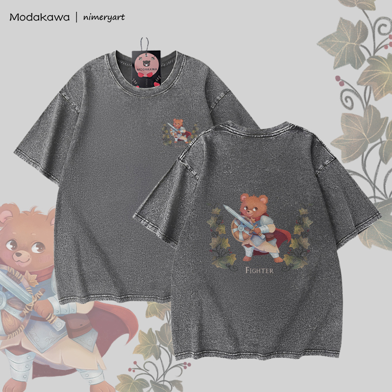 MODAKAWA X nimeryart FIGHTER Bear Graphic Unisex Vintage Washed T-shirt - Grey - 5XL - image 4