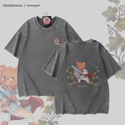 MODAKAWA X nimeryart FIGHTER Bear Graphic Unisex Vintage Washed T-shirt - Grey - 5XL - image 4
