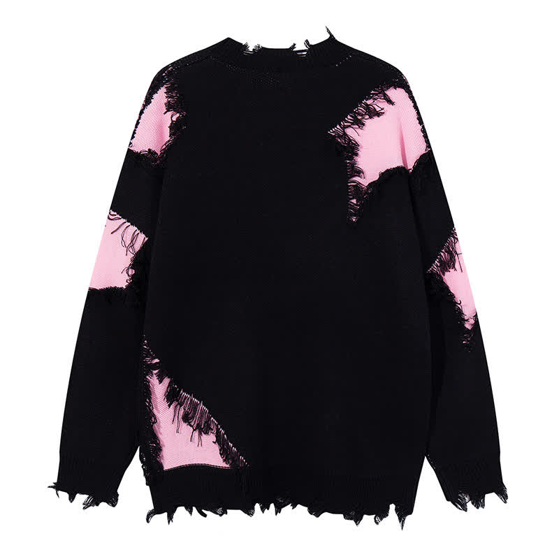 Dark Fashion Cross Print Fringed Distressed Color Block Knit Sweater - image 7