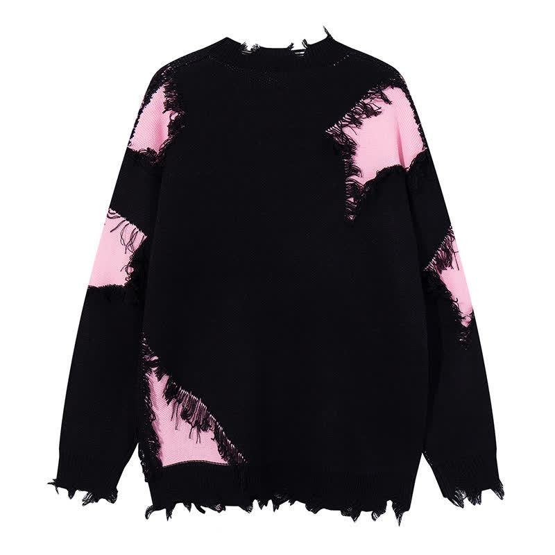 Dark Fashion Cross Print Fringed Distressed Color Block Knit Sweater - image 7