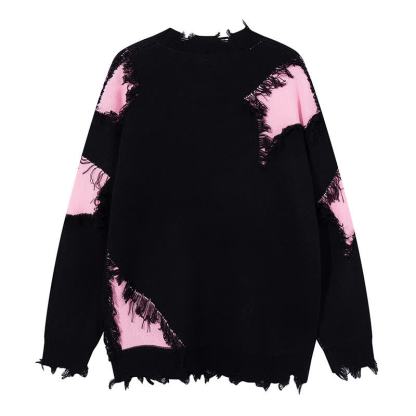 Dark Fashion Cross Print Fringed Distressed Color Block Knit Sweater - image 7