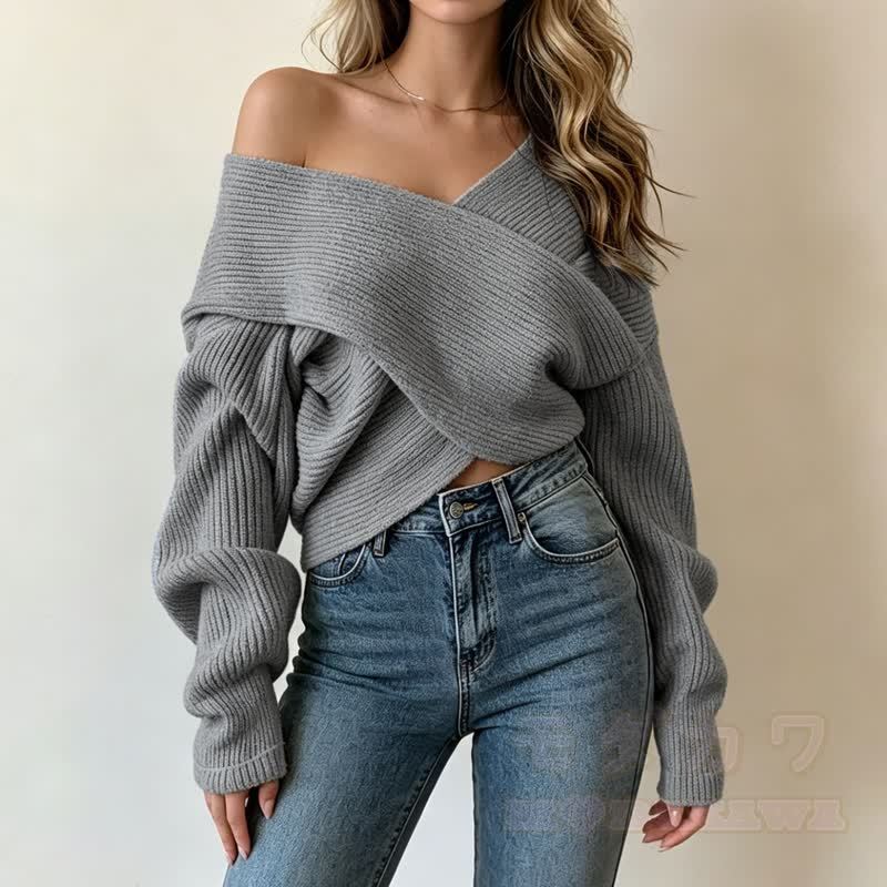 Cross Wrap Off Shoulder Irregular Loose Cropped Knit Sweater - Grey - One Size - image 10