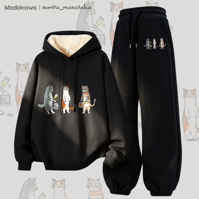 MODAKAWA X sumita_masataka Cat Painter Graphic Thick Fleece Lined Hoodie Pants Two Pieces Set - Black - 5XL - image 4