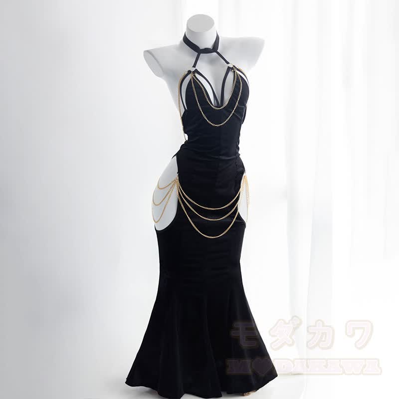 Sexy Halter Hollow Out Backless Chain Fishtail Dress⁠ - Black Dress - 3XL-4XL - image 3