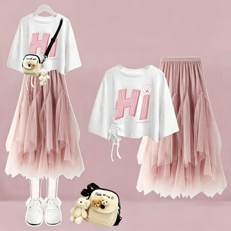  College Style Print Short Sleeve T-shirt Irregular Tulle Skirt Two Pieces Set - Pink Set B - XL - image 7