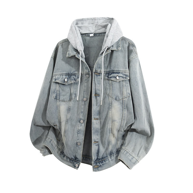 Vintage Casual Fake Two Piece Loose  Hooded Denim Jacket - Light Blue A - 3XL - image 7