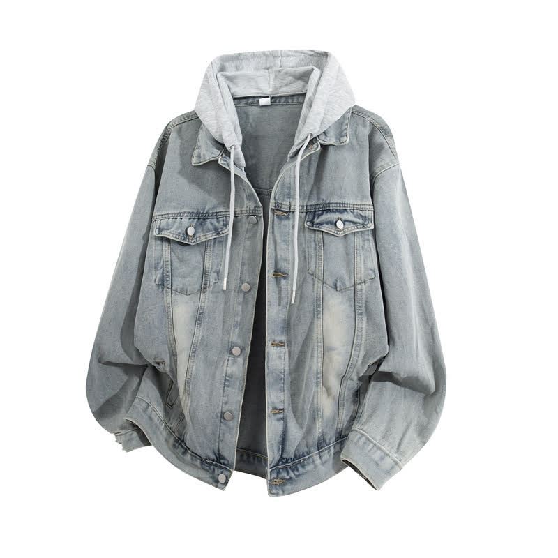 Vintage Casual Fake Two Piece Loose  Hooded Denim Jacket - Light Blue A - 3XL - image 7