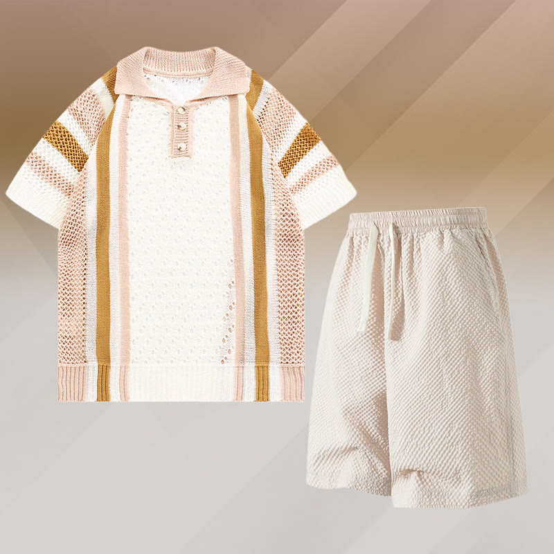 Stripe Open Knit Polo Shirt Textured Drawstring Shorts Modakawa Matching Outfit - Two Pieces Set D - 3XL - image 4