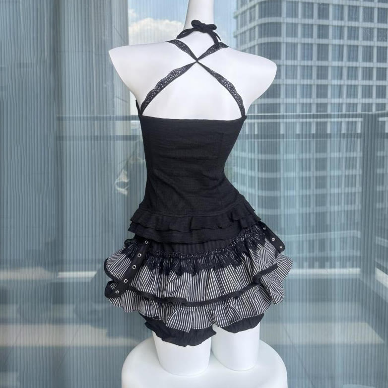 Black Lace Cami Top with Gray Cardigan and Mini Skirt Three Pieces Set - image 6