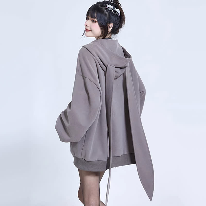 Long Bunny Ears Pocket Oversize Zipper Hooded Sweatshirt   - image 2